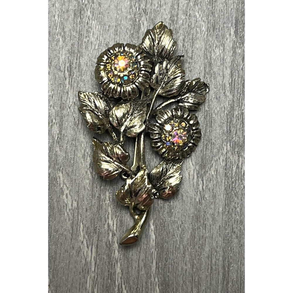 Vintage Silver Tone Floral Bouquet Brooch Pin Aurora Borealis Rhinestones Leaves